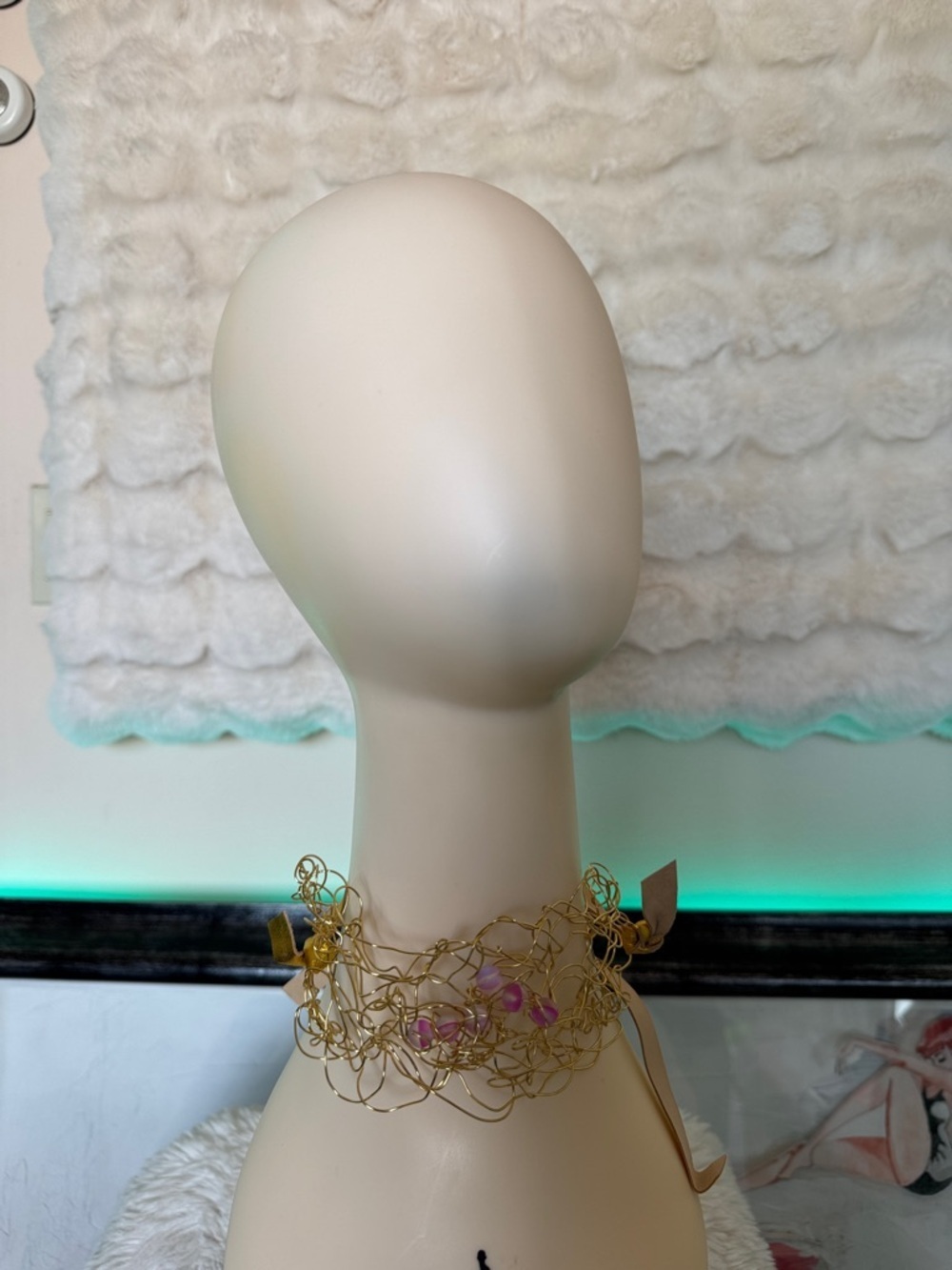 HANDCRAFTED Wire Floral Choker Necklace in Gold tone with Pink Accents by me